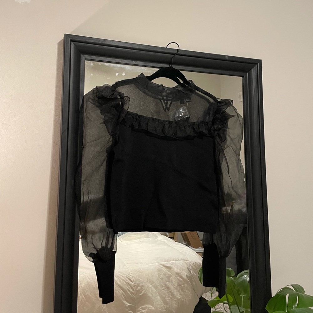 NEW Black Forever21 Mesh Lantern Sleeve Blouse